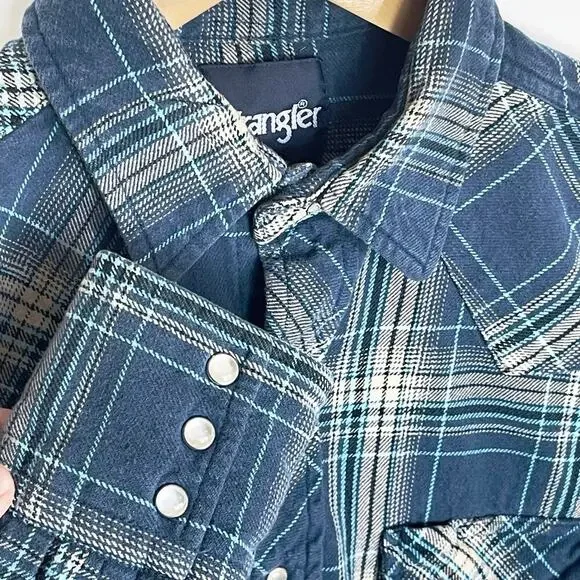 WRANGLER Men’s Blue Plaid Flannel Western Snap Front Shirt Medium - Picture 4 of 5